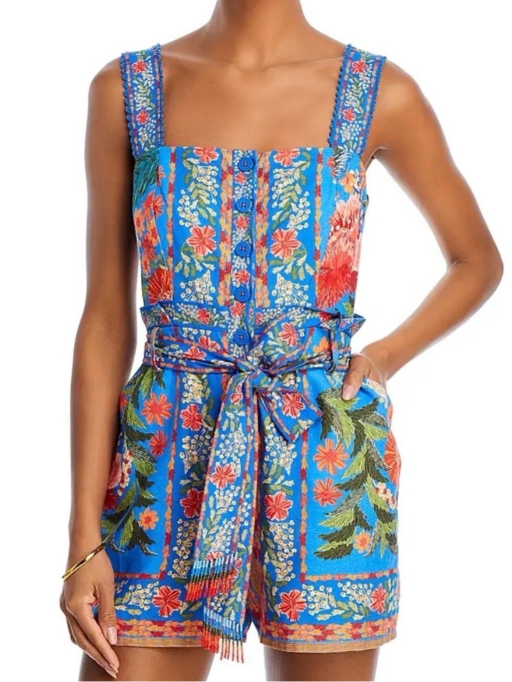 Farm Rio Blue Floral Button-Front Romper with Tie Waist